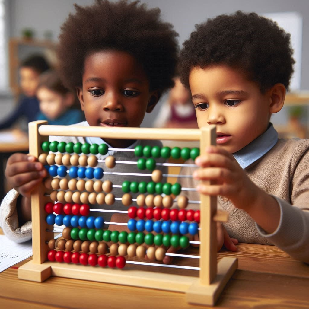 Deux enfants manipulent un boulier en classe