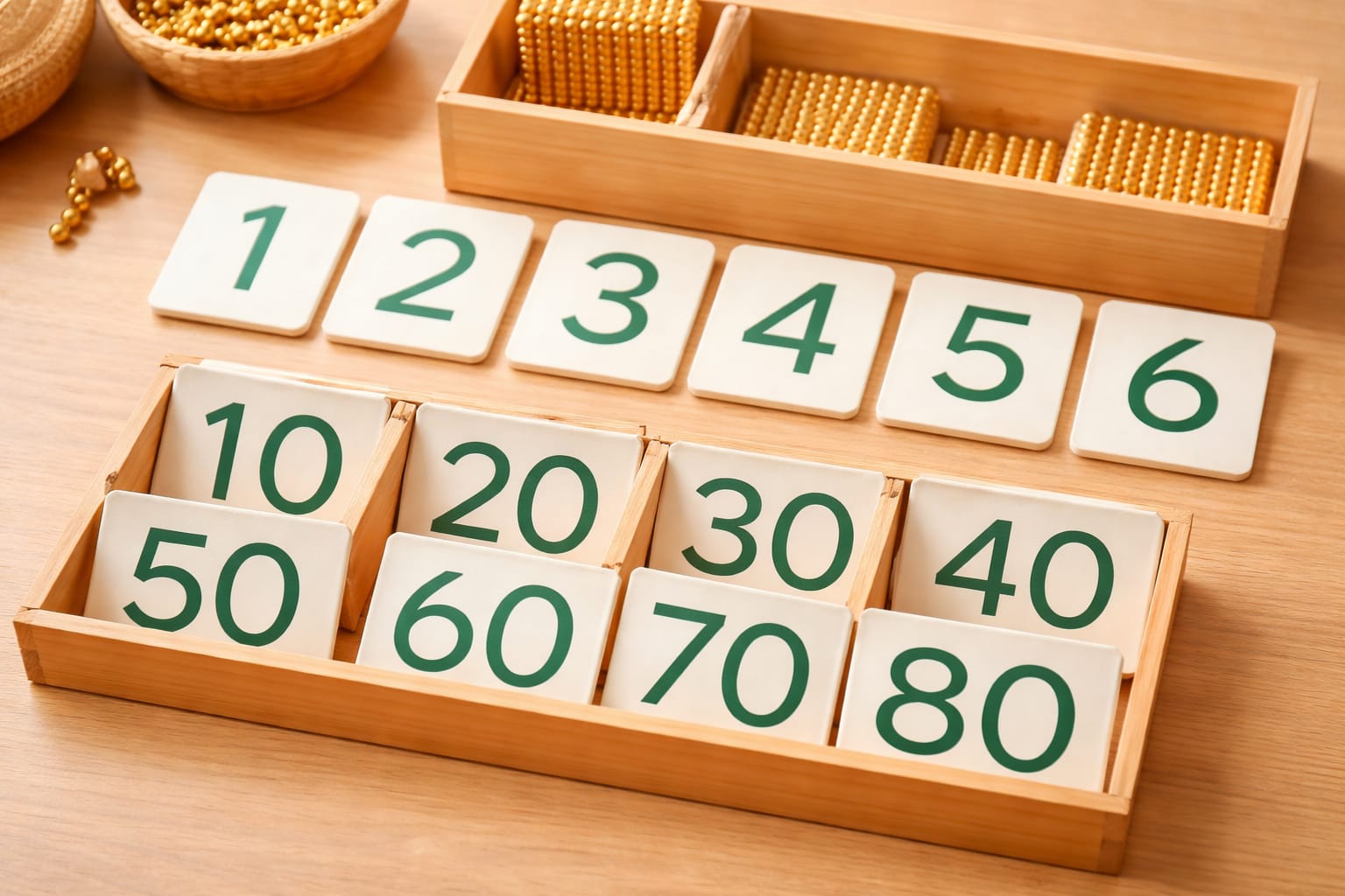 Cartes des nombres Montessori et perles dorées